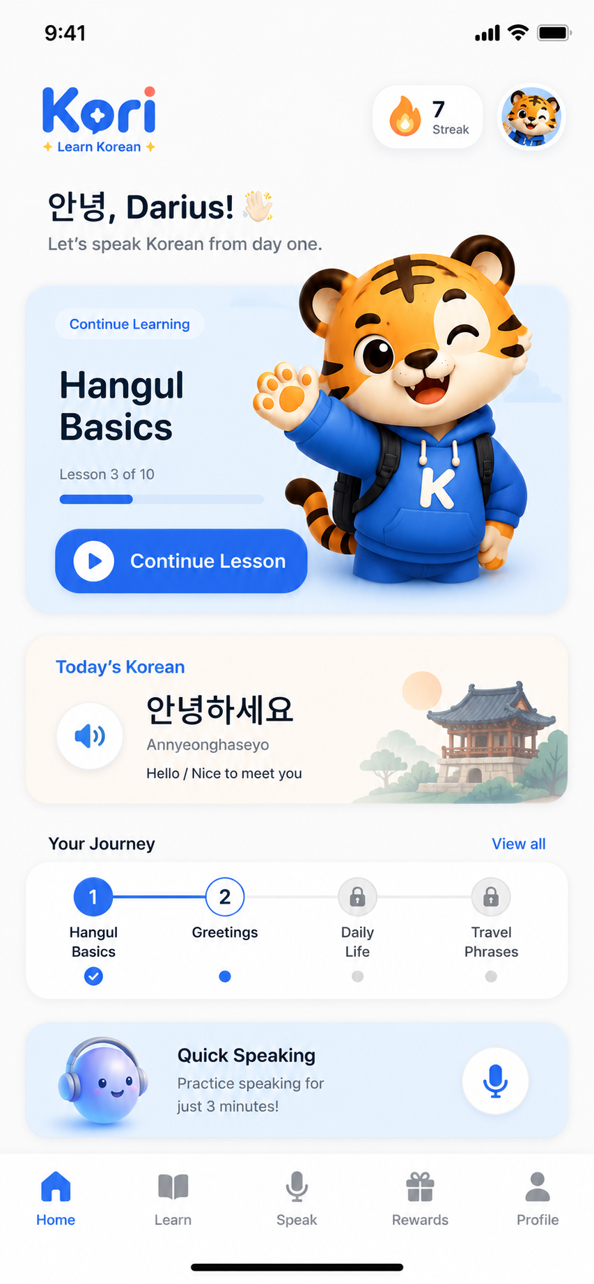 Kori app home screen with today's lesson, daily phrase, and journey
